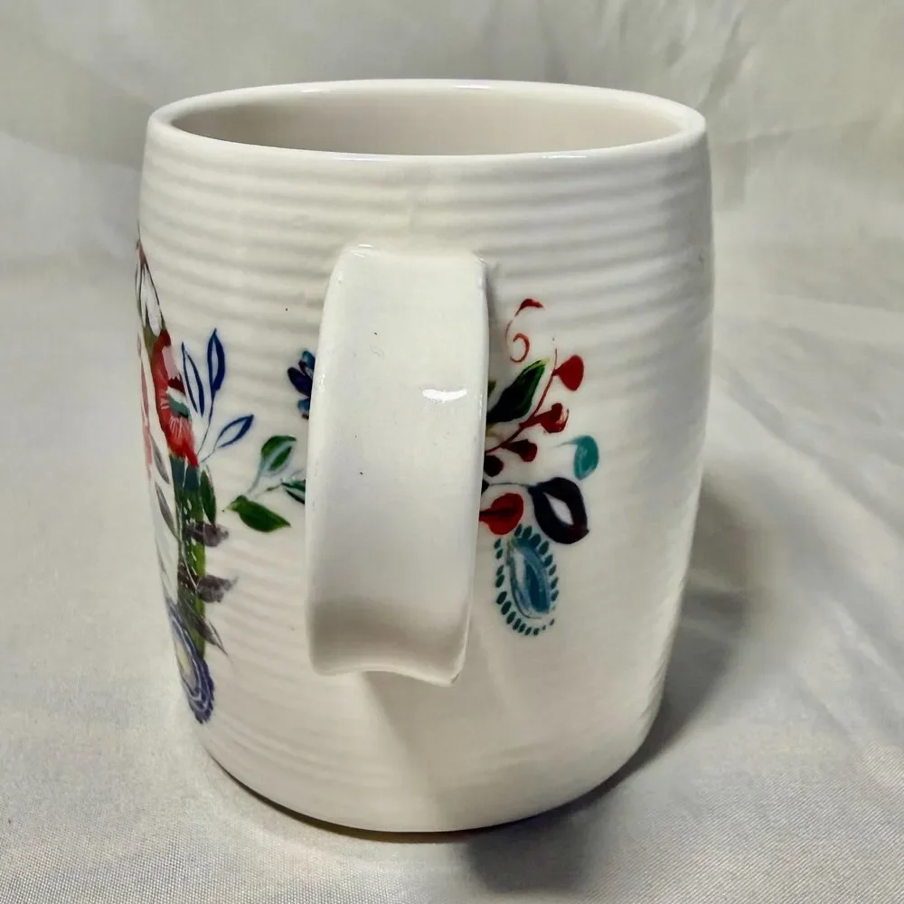 Anthropologie Starla Halfmann monogram mug letter D white floral folk art 12oz